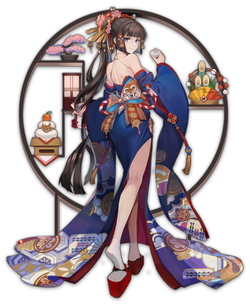 "What? Surprised to see me in kimono? Or do you think this look doesn't suit me? Hehe~ Relax, it's New Year's, however eager you are about going for a drive with me, don't forget to pay respects to the gods at Mahjong Soul Shrine before we go out~